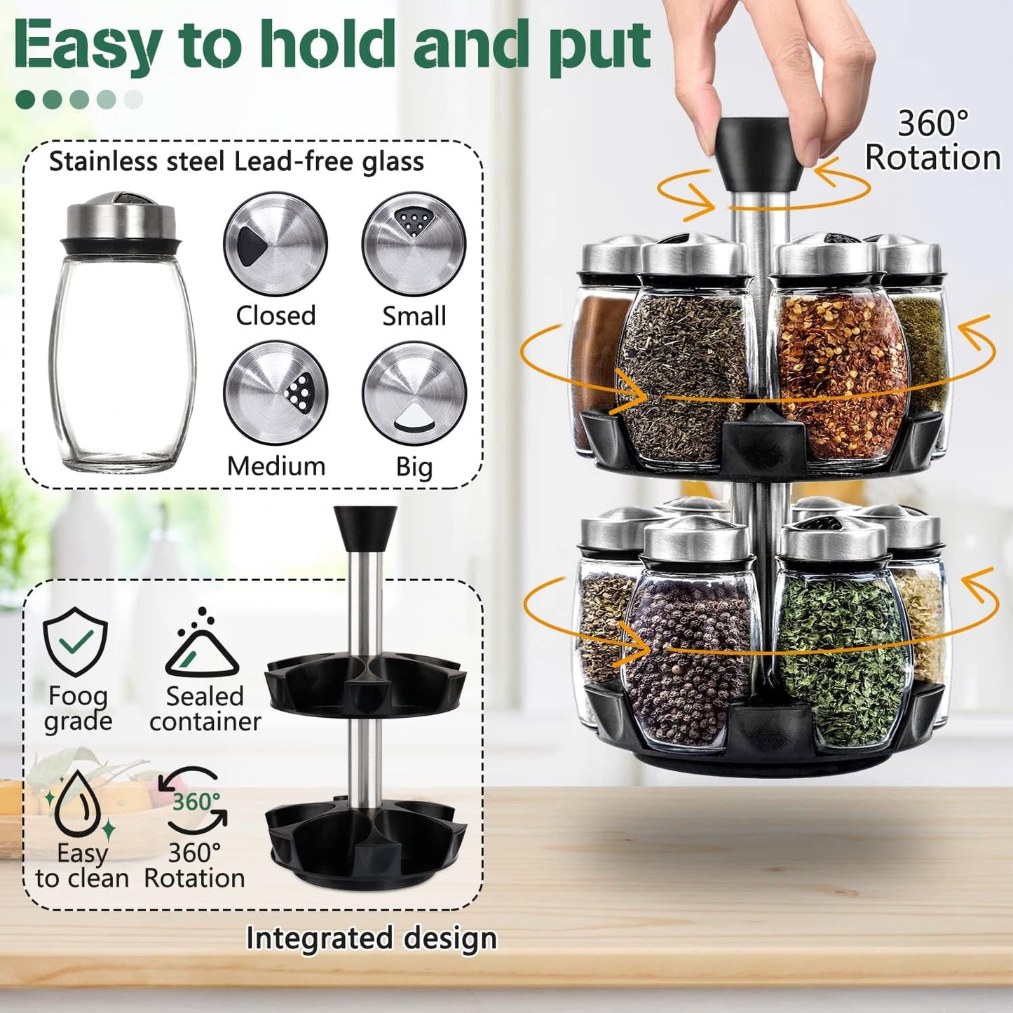 CARLA HOME Rotating Spice Rack Organizer with 16 Glass Jars for Kitchen Seasoning and Herb Storage