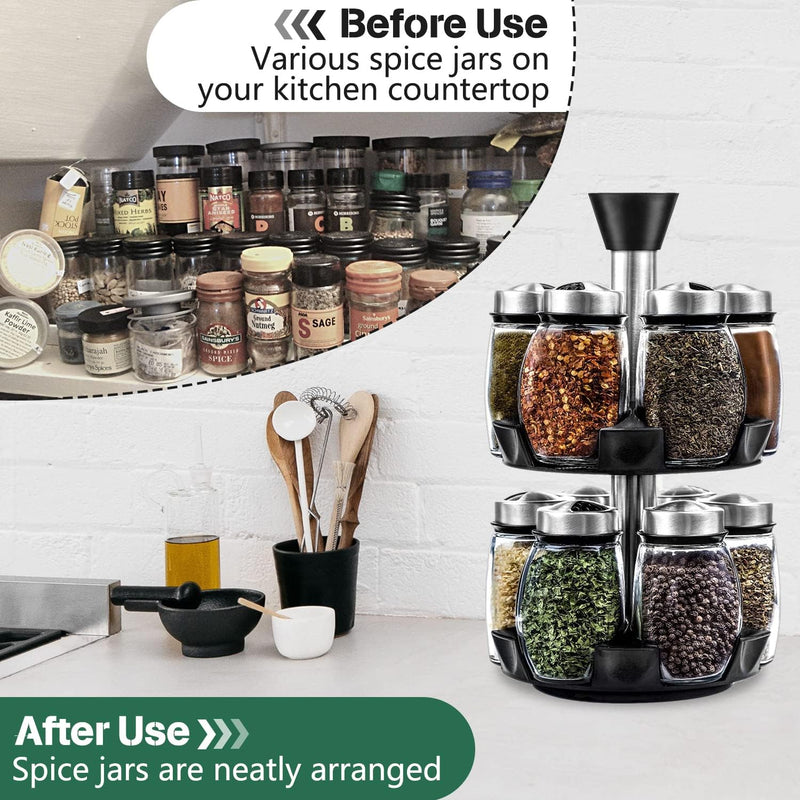 CARLA HOME Rotating Spice Rack Organizer with 16 Glass Jars for Kitchen Seasoning and Herb Storage