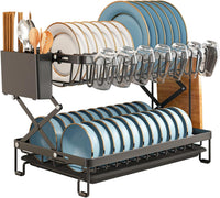 CARLA HOME 2-Tier Dish Drying Rack with Drainage Tray, Utensil Holder, Cup Hooks & Cutting Board Rack for Kitchen (Black)