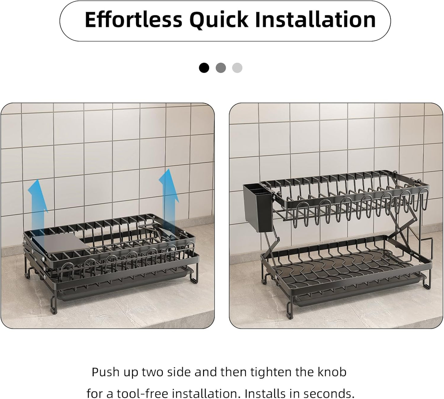 CARLA HOME 2-Tier Dish Drying Rack with Drainage Tray, Utensil Holder, Cup Hooks & Cutting Board Rack for Kitchen (Black)