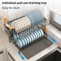 CARLA HOME 2-Tier Dish Drying Rack with Drainage Tray, Utensil Holder, Cup Hooks & Cutting Board Rack for Kitchen (Black)