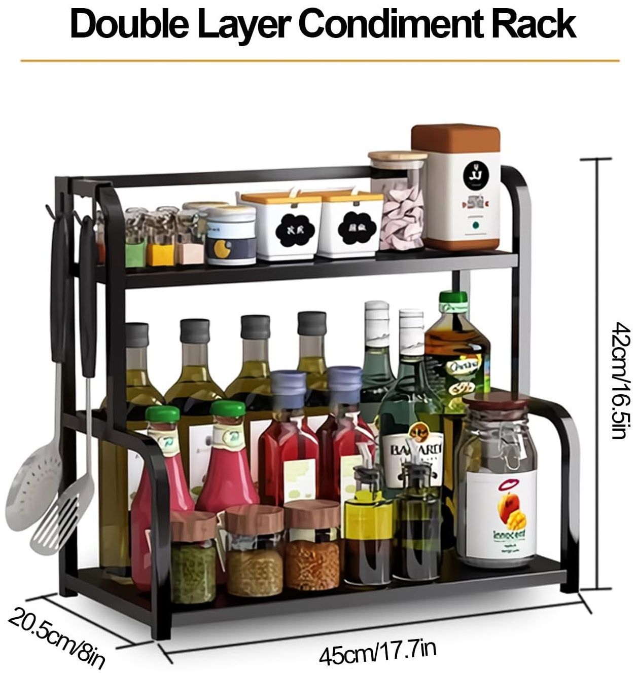 CARLA HOME 2-Tier Wooden Kitchen Countertop Spice Rack for Storage of Condiments, Oils, Jars & Seasoning Bottles