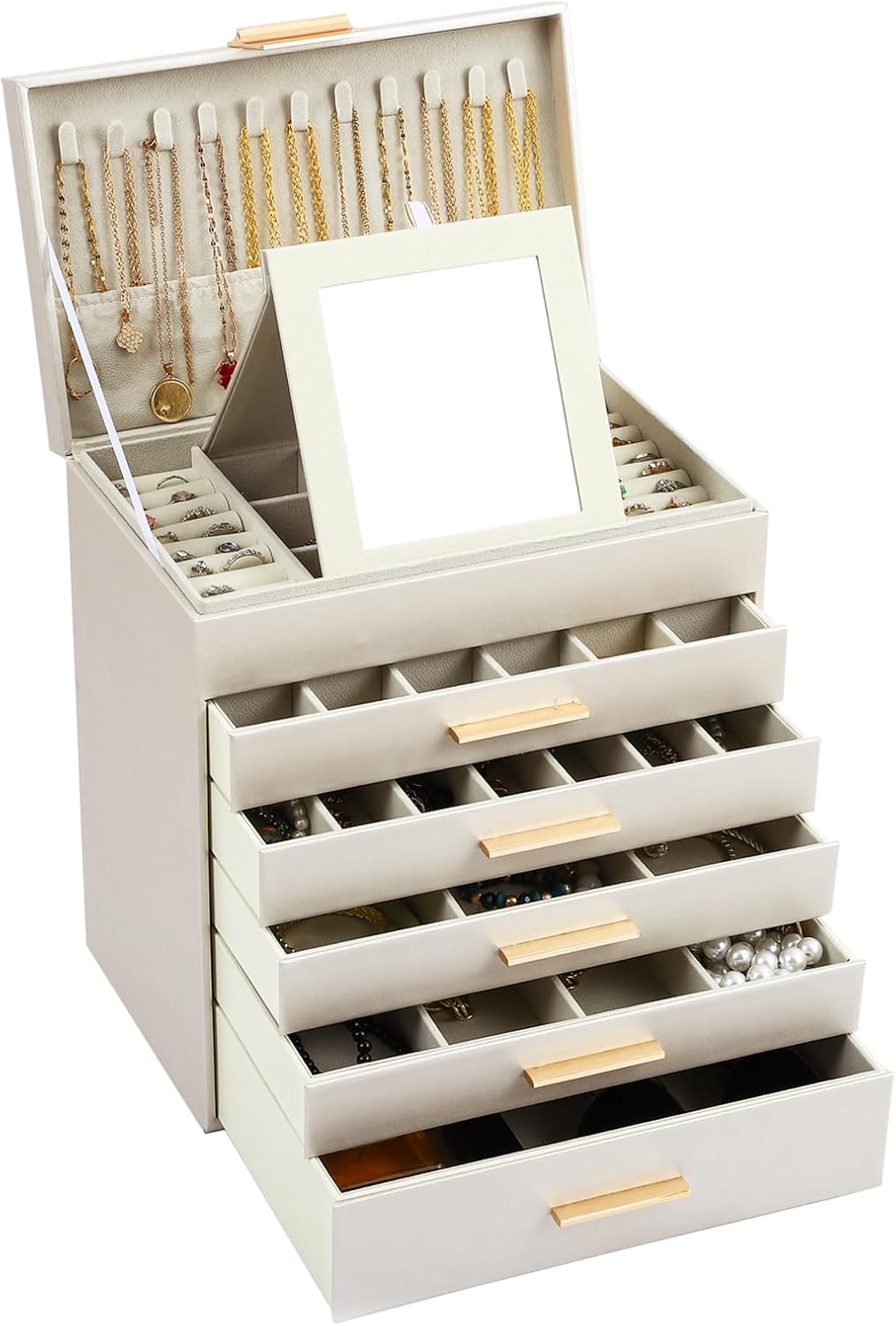 CARLA HOME  6-Layer Large Jewelry Organizer Box for Women with Mirror, Drawers, Hooks & Dividers for Rings, Necklaces, Bracelets, Ideal Gift for Women (White)
