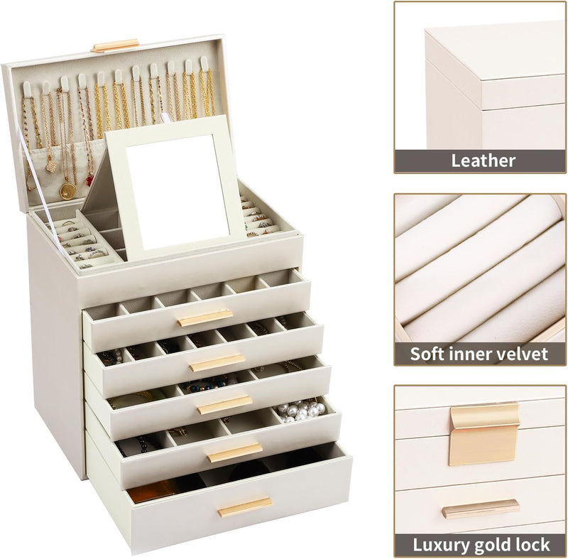 CARLA HOME  6-Layer Large Jewelry Organizer Box for Women with Mirror, Drawers, Hooks & Dividers for Rings, Necklaces, Bracelets, Ideal Gift for Women (White)