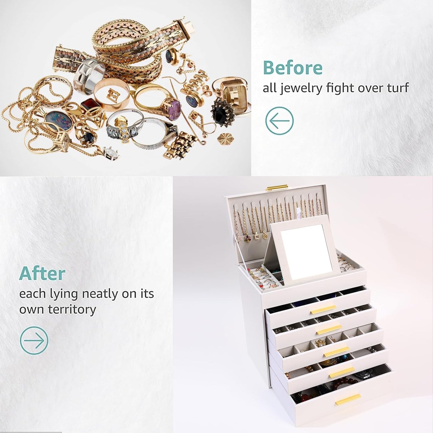 CARLA HOME  6-Layer Large Jewelry Organizer Box for Women with Mirror, Drawers, Hooks & Dividers for Rings, Necklaces, Bracelets, Ideal Gift for Women (White)