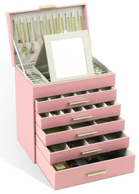 CARLA HOME  6-Layer Large Jewelry Organizer Box for Women with Mirror, Drawers, Hooks & Dividers for Rings, Necklaces, Bracelets, Ideal Gift for Women (Pink)