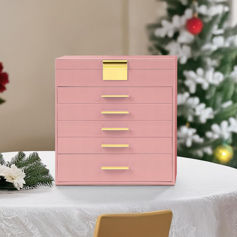 CARLA HOME  6-Layer Large Jewelry Organizer Box for Women with Mirror, Drawers, Hooks & Dividers for Rings, Necklaces, Bracelets, Ideal Gift for Women (Pink)