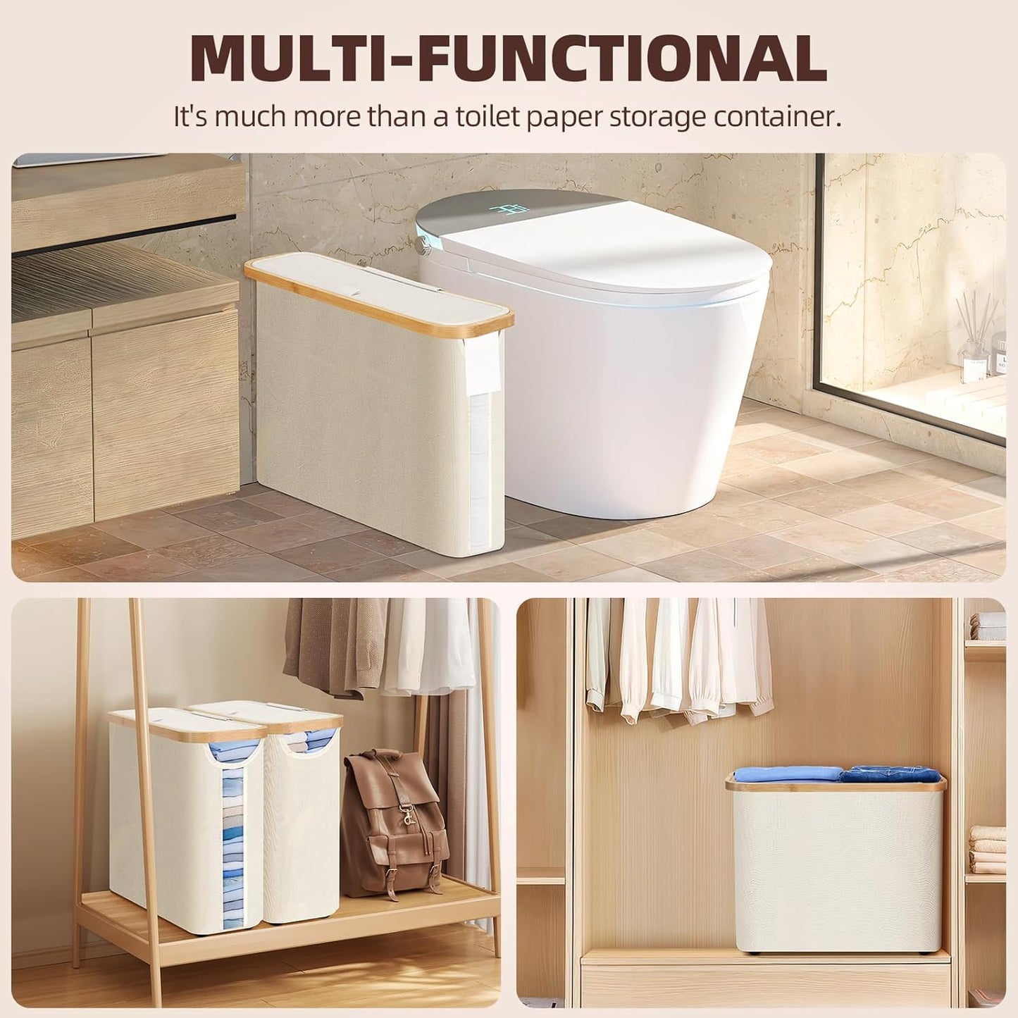 CARLA HOME 2 Pack Toilet Paper Storage Basket Holds Up to 12 Rolls with Bamboo Lid and Handle for RV Closet (White)