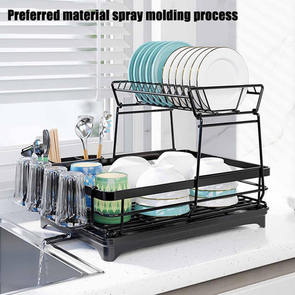 CARLA HOME 2-Tier Dish Drying Rack for Kitchen Counter with Drainboard, Utensil Holder, Cup Rack & Cutlery Organizer