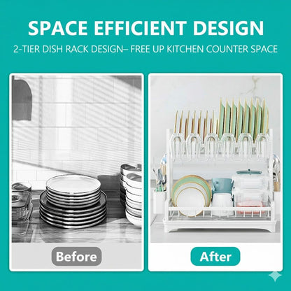 CARLA HOME Dish Drying Rack 2-Tier Kitchen Drainer with Drainboard (White)