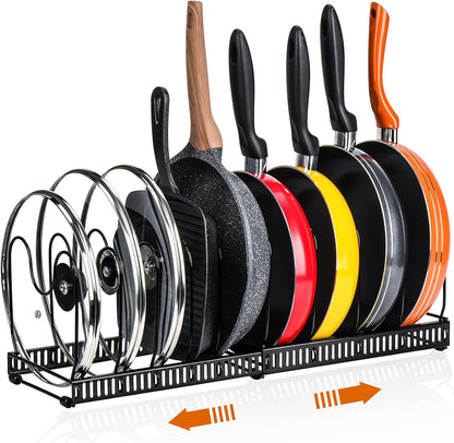 CARLA HOME Expandable Pot and Pan Organizer Rack for Cabinet with 10 Adjustable Dividers, Lid & Cookware Holder for Kitchen Pantry or Countertop Storage