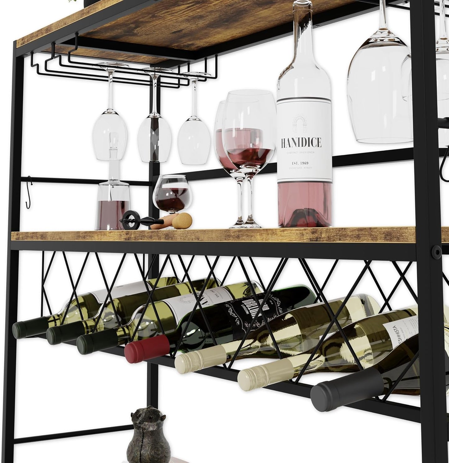 CARLA HOME Large Wine Rack with Glass Holder, Metal Designed Bottle Holder and Wood Countertop for Wine & Champagne