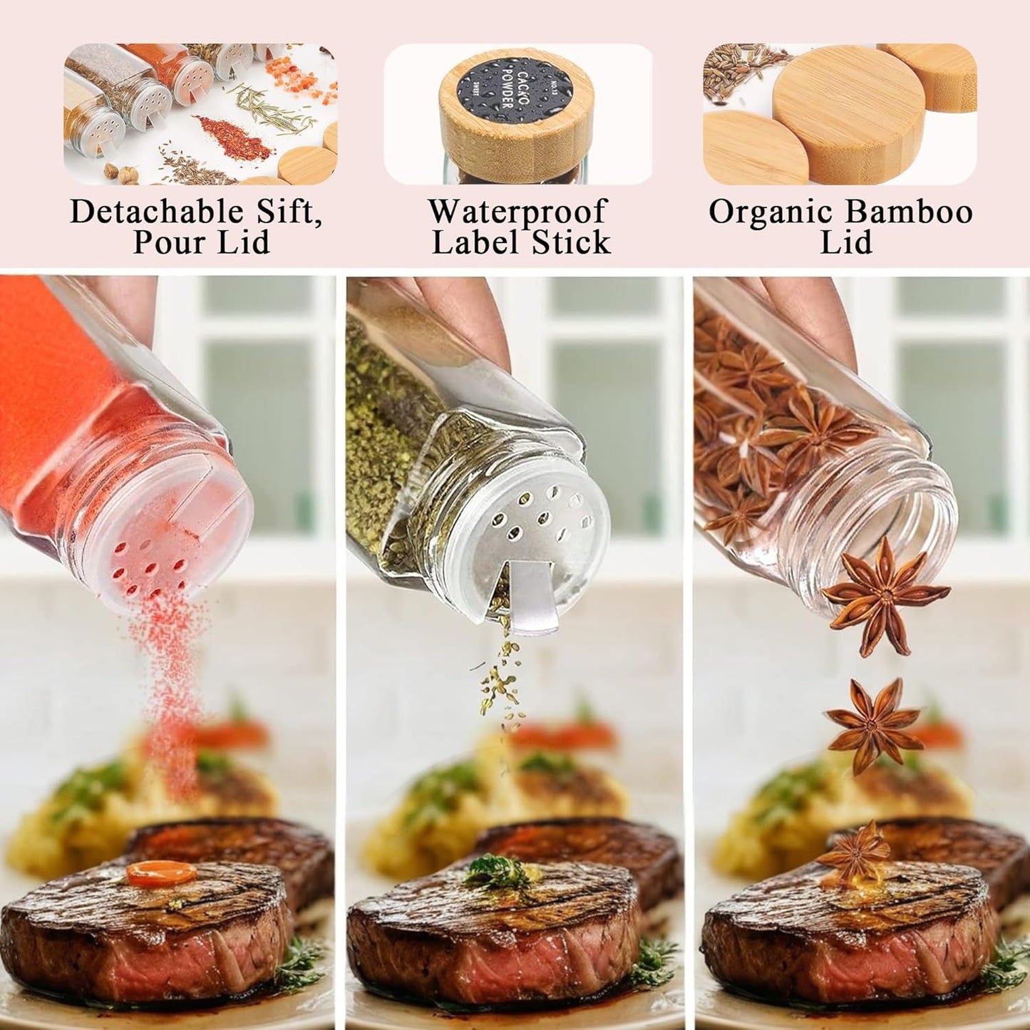 CARLA HOME 24 Glass Spice Jars with Bamboo Lids, Shaker Tops, 180 Spice Labels, White Pen & Funnel for Kitchen Organization, Spice Rack, Seasoning & Herb Storage