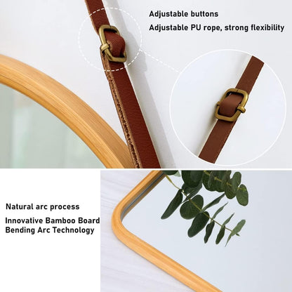 CARLA HOME Hanging Wall Mirror with Bamboo Frame with Adjustable Leather Strap for Bathroom, Bedroom, Vanity or Entryway (40x33 cm)