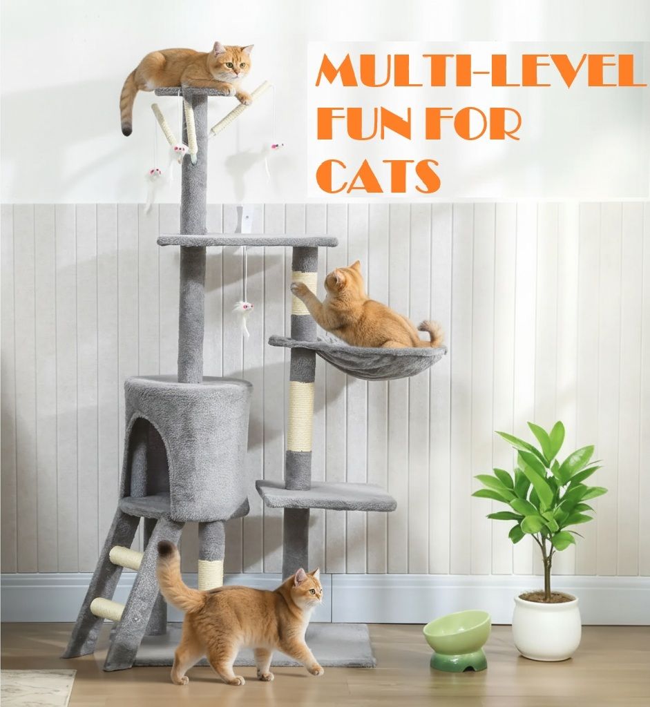 CARLA HOME 134cm Cat Tree for Indoor Cats with Hammock, Plush Perch & Sisal Scratching Posts for Kittens & Adult Cats (Light Grey)