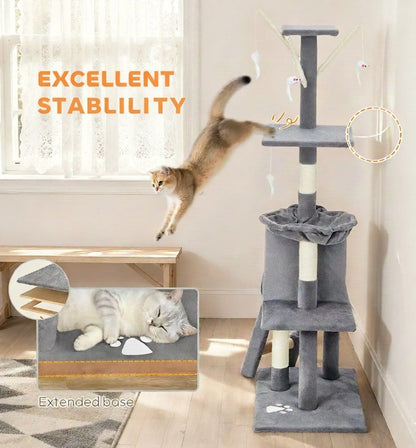 CARLA HOME 134cm Cat Tree for Indoor Cats with Hammock, Plush Perch & Sisal Scratching Posts for Kittens & Adult Cats (Light Grey)