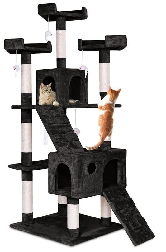 CARLA HOME 180cm Cat Tree Tower for Indoor Cats with Dual Condos, Plush Perches, Sisal Scratching Posts & Ramps for Kittens & Adult Cats (Black)