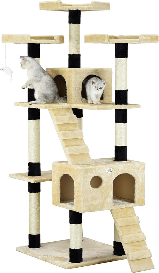 CARLA HOME 180cm Cat Tree Tower for Indoor Cats with Dual Condos, Plush Perches, Sisal Scratching Posts & Ramps for Kittens & Adult Cats (Beige)