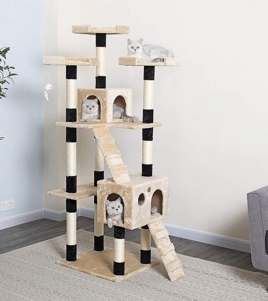 CARLA HOME 180cm Cat Tree Tower for Indoor Cats with Dual Condos, Plush Perches, Sisal Scratching Posts & Ramps for Kittens & Adult Cats (Beige)