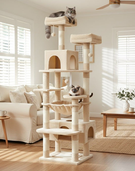 CARLA HOME 180cm Cat Tree Tower for Indoor Cats with Plush Perches, Dual Condos, Natural Sisal Scratching Posts & Ramps for Kittens & Adult Cats (Beige)