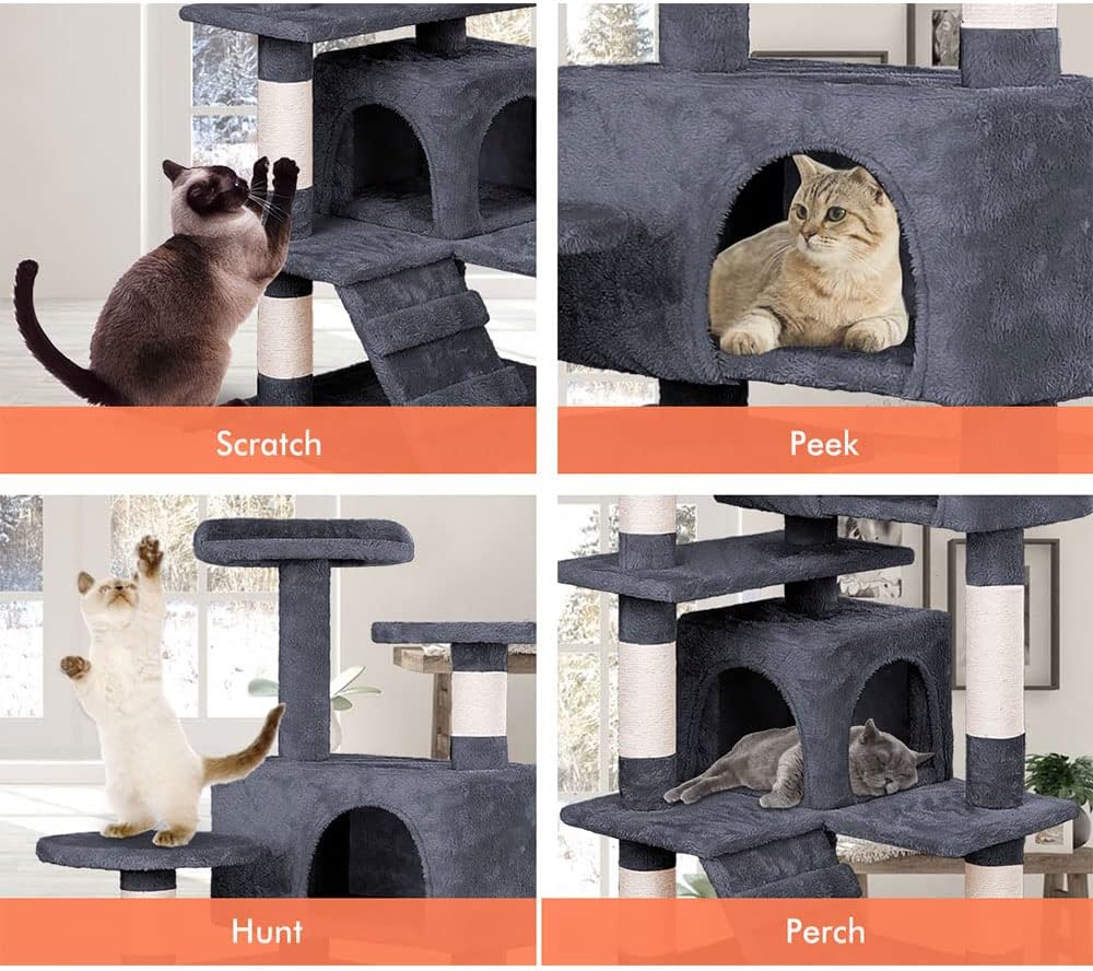 CARLA HOME 180cm Cat Tree Tower for Indoor Cats with Plush Perches, Dual Condos, Natural Sisal Scratching Posts & Ramp for Kittens & Adult Cats (Dark Grey)