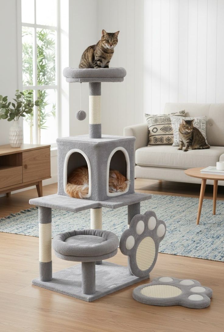 CARLA HOME Large Cat Tree Tower for Indoor Cats with Plush Perch, Cat Condo, Natural Sisal Scratching Posts, Hanging Ball & Paw Scratcher