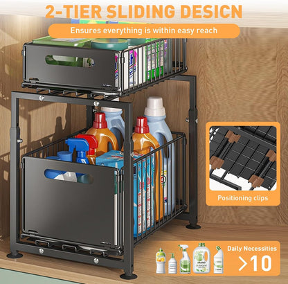 CARLA HOME 2- Pack Under Sink Organizer with Sliding Drawers & Height Adjustable for Kitchen Bathroom Cabinet Organization