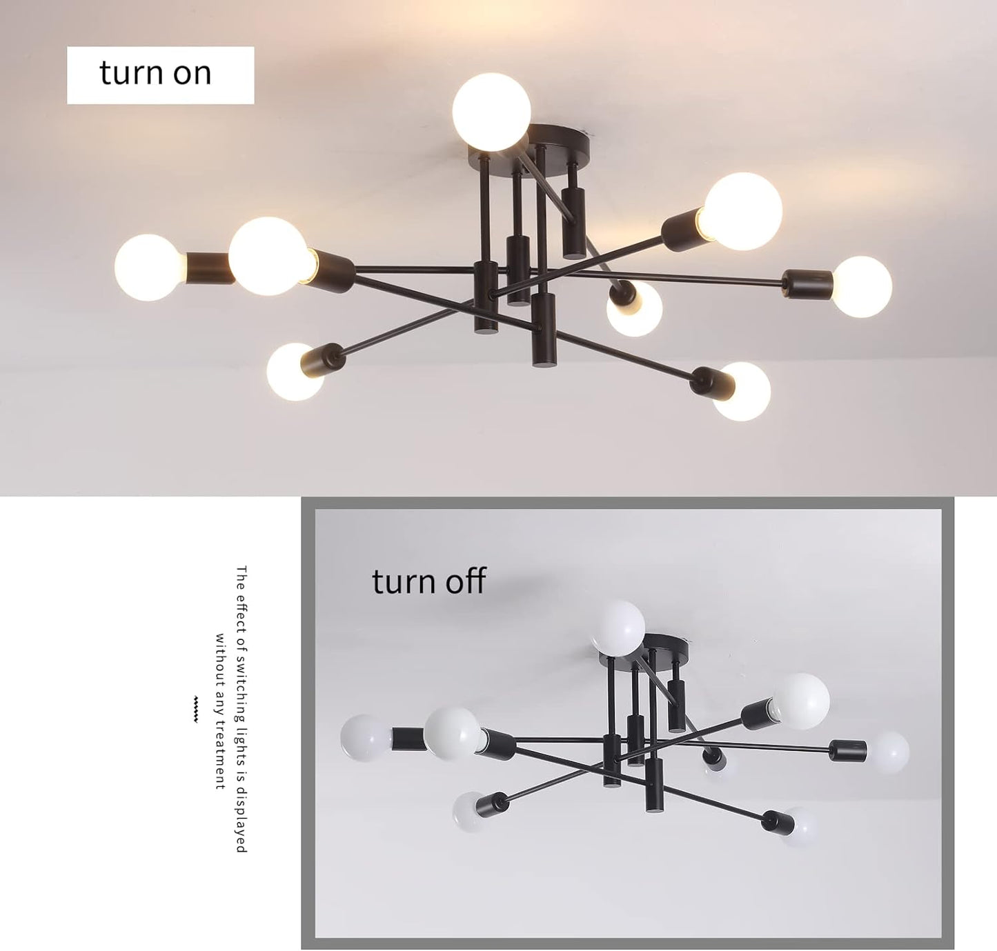 Modern Semi Flush Chandelier, 8 Light, Black