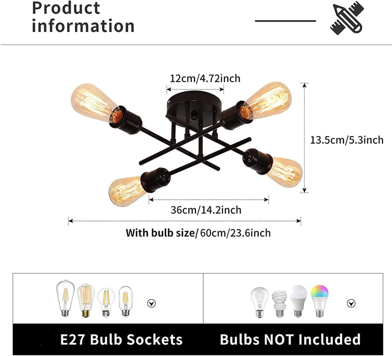 Industrial Semi Flush Mount Chandelier, Black