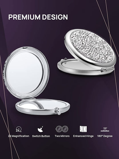 Mini Mix Diamond 1X/2X Magnifying Round Metal Pocket Makeup Mirror (Silver)