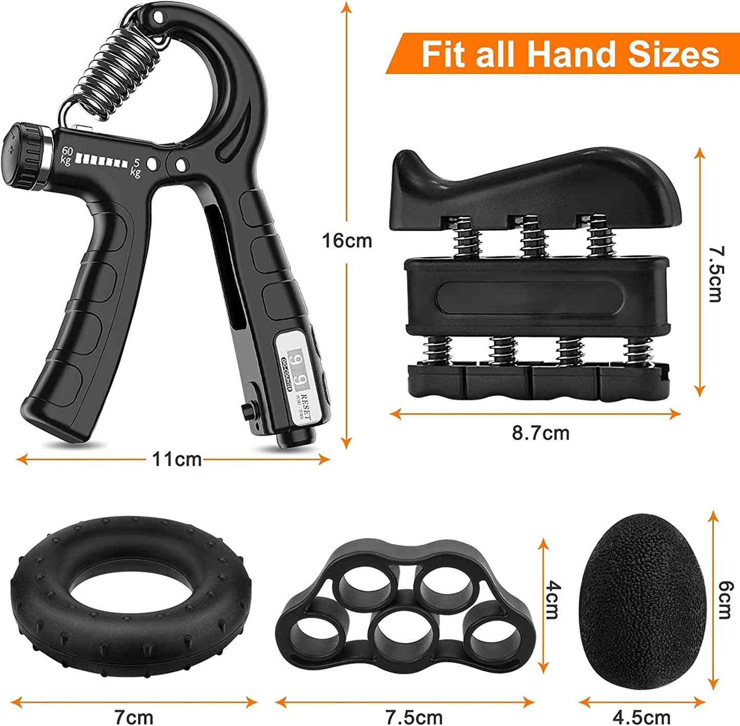 5 Pack Adjustable Resistance Hand Gripper Exerciser Workout Kit