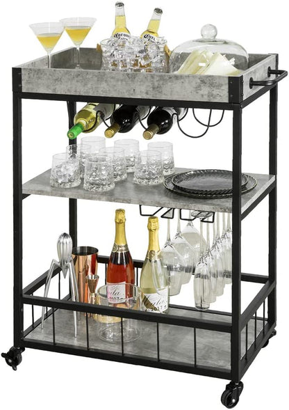 Industrial Vintage Style Wood Metal 3 Tiers Kitchen Serving Trolley with Wine Rack (Grey)