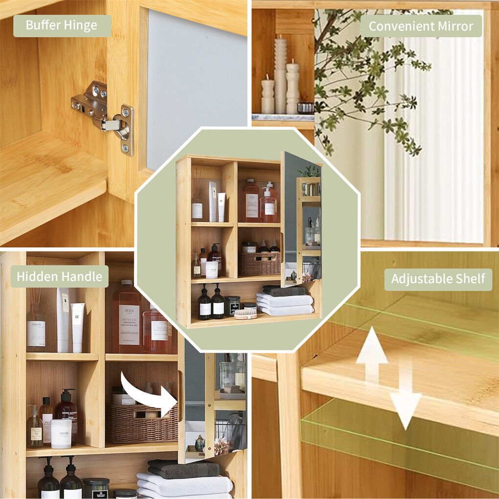 Bamboo Wall Medicine Cabinet Mirror 55.5cm 5 Shelf