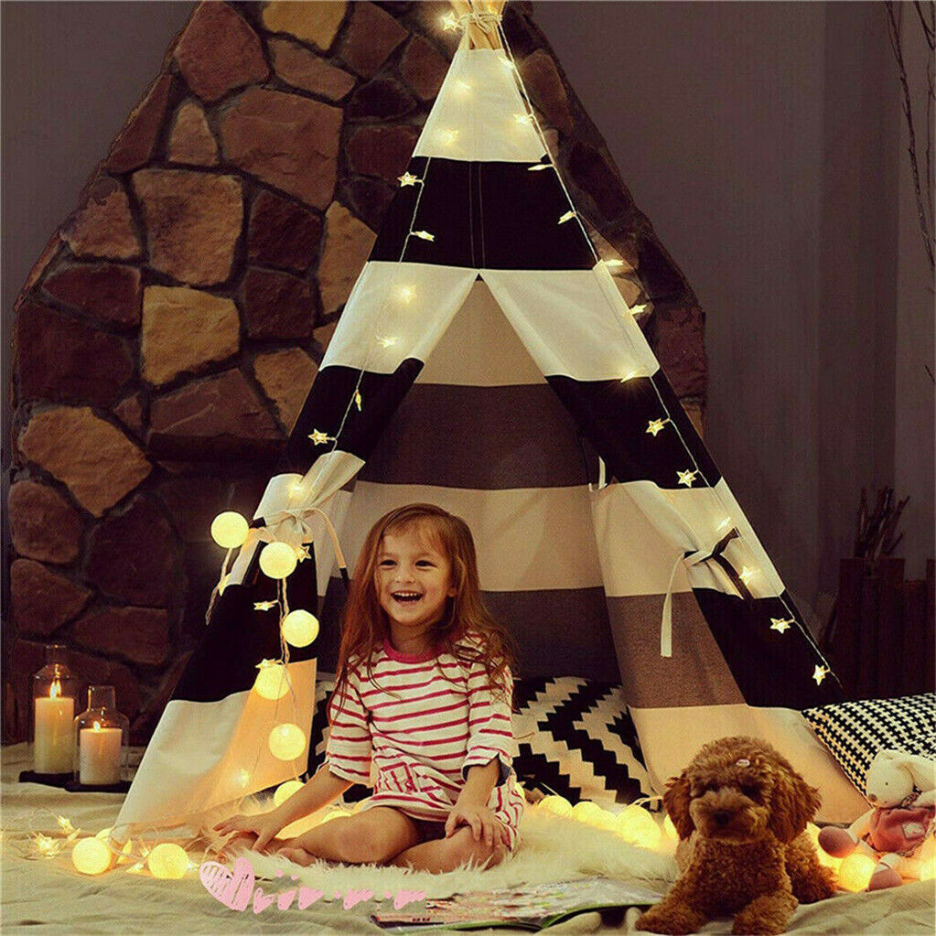 Kids Teepee Tent Linen Wood Black White Stripe Playhouse Indoor Garden