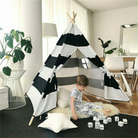Kids Teepee Tent Linen Wood Black White Stripe Playhouse Indoor Garden