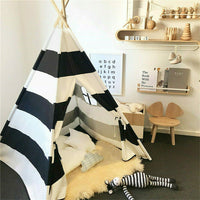 Kids Teepee Tent Linen Wood Black White Stripe Playhouse Indoor Garden