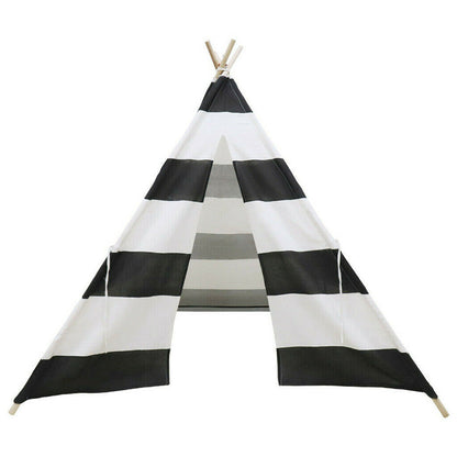 Kids Teepee Tent Linen Wood Black White Stripe Playhouse Indoor Garden