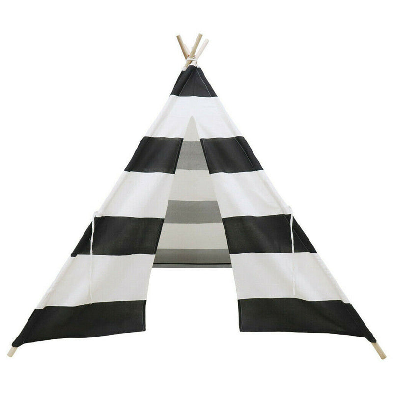 Kids Teepee Tent Linen Wood Black White Stripe Playhouse Indoor Garden