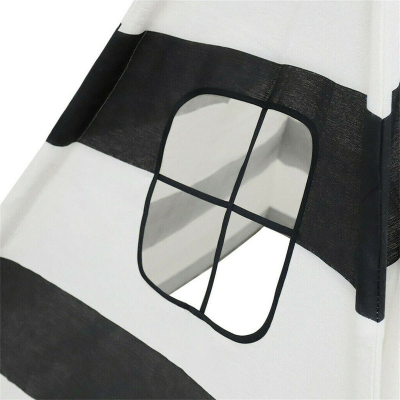 Kids Teepee Tent Linen Wood Black White Stripe Playhouse Indoor Garden