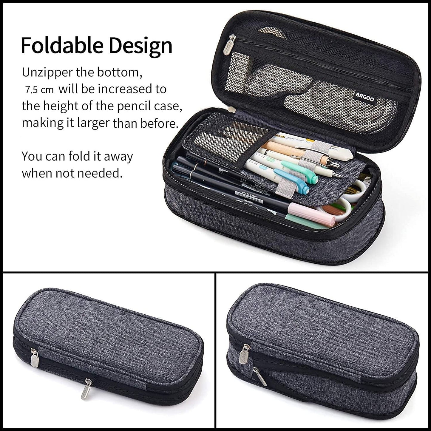 Foldable Large Capacity Pencil Bag for Youth School (Grey)