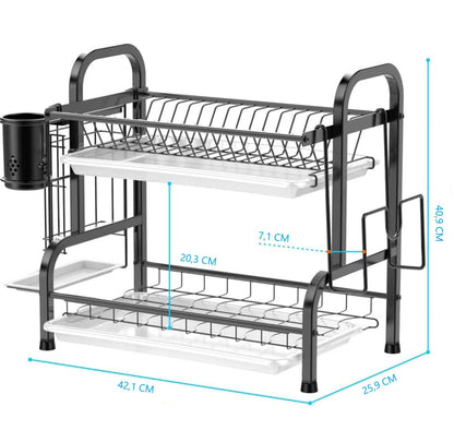 Stainless Steel 2-Tier Dish Drying Rack with Utensil Holder, Cutting Board Holder and Dish Drainer for Kitchen Counter (Black)