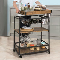 Industrial Vintage Style Wood Metal 3 Tiers Kitchen Serving Trolley with Wine Rack (Brown)