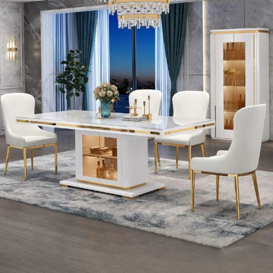 Asta Luxury Tempered Glass Top High Gloss Dining Table with Storage Cabinet