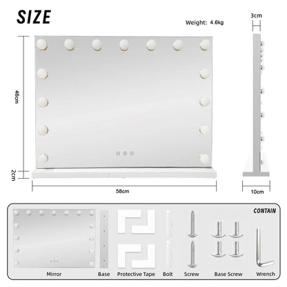 LED Beauty Mirror with 15 Bulbs, Colour Settings, USB A and USB C, White, 58 × 48cm