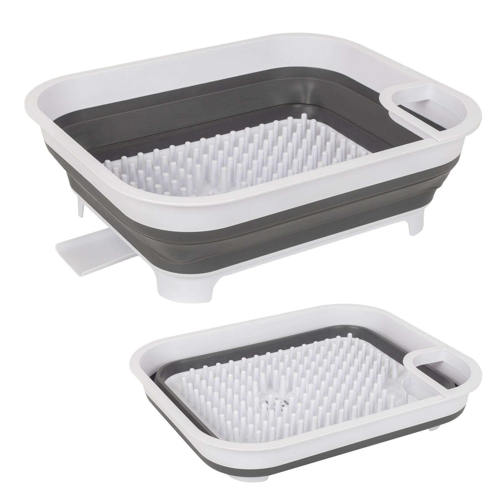 Collapsible kitchen sink strainer with gray and white color scheme on a white background