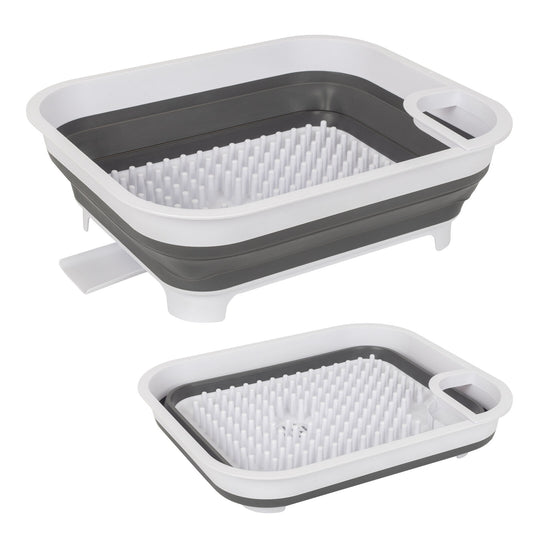 Collapsible kitchen sink strainer with gray and white color scheme on a white background