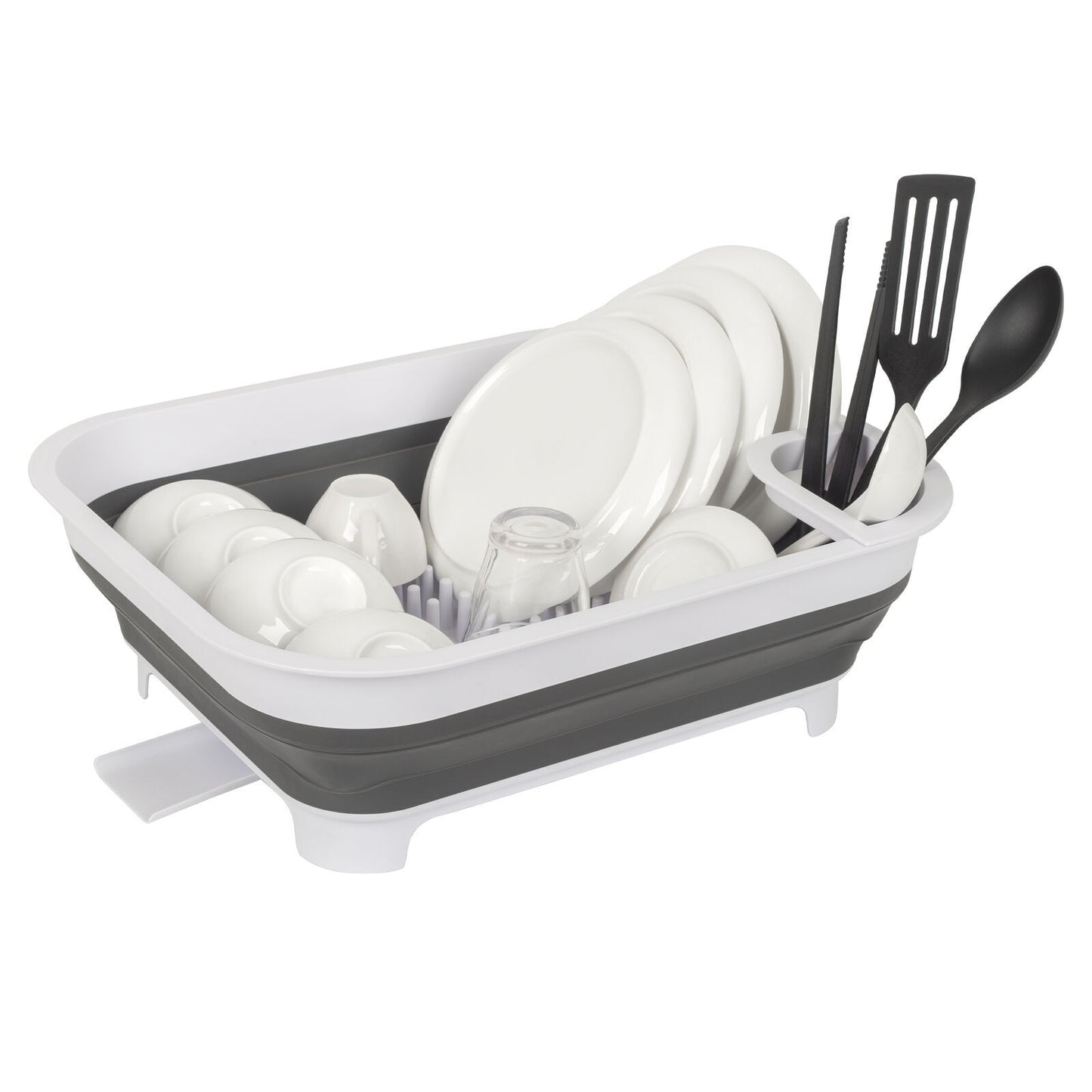 Collapsible dish rack with dishes and utensils on a white background