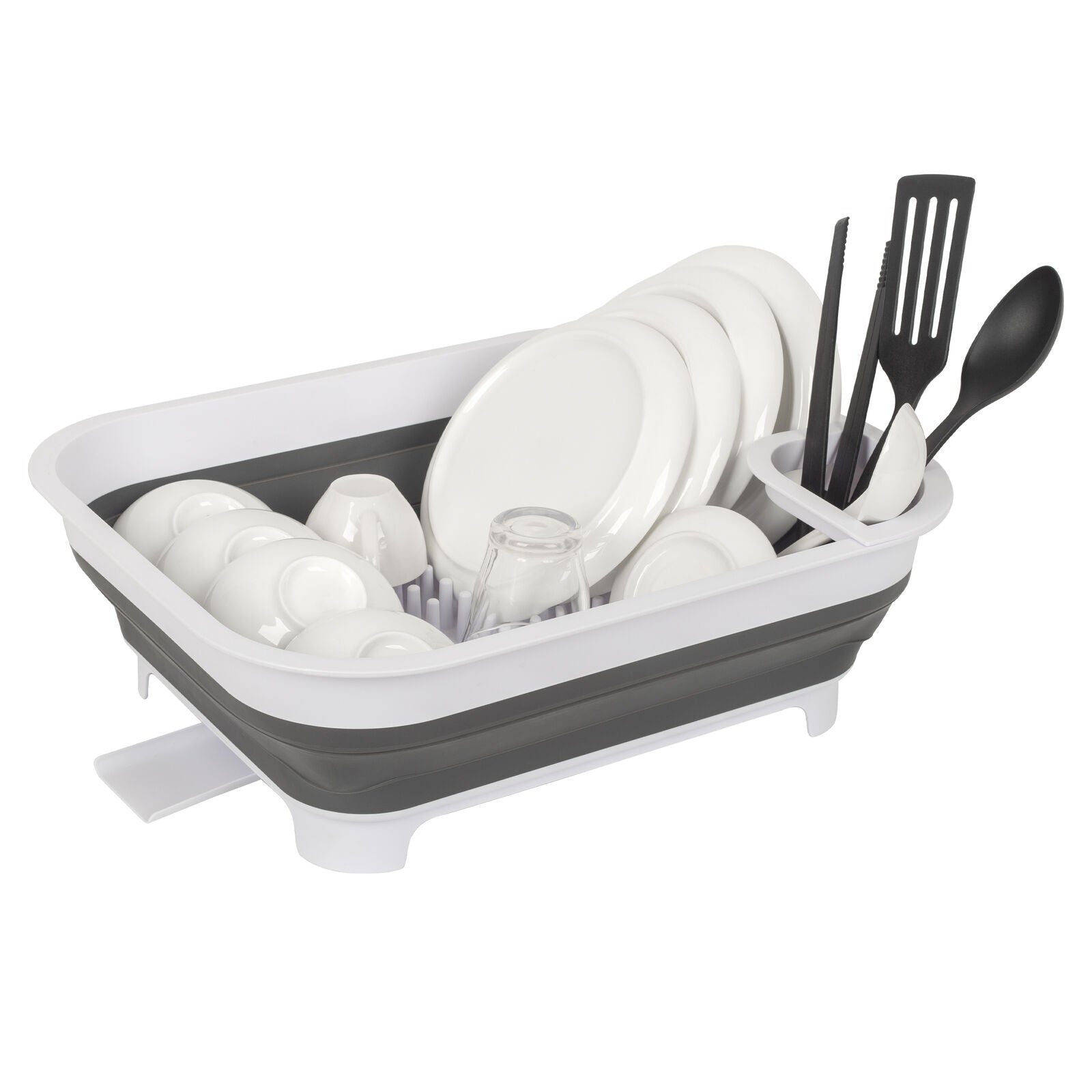 Collapsible dish rack with dishes and utensils on a white background