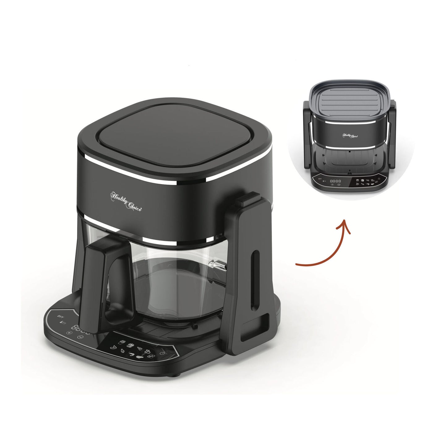 5L 2in1 Air Fryer and Grill, 1400W, Digital Touch Control, Clear Glass Cooking Basket