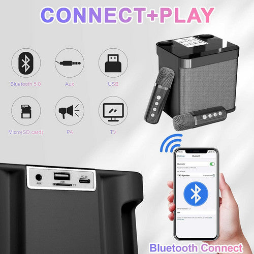 Black Karaoke Machine with 2 Wireless Microphones Bluetooth-Compatible 5.0 for Parties